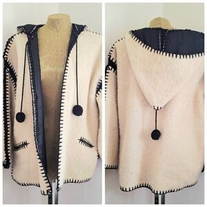 Handmade Vtg Boho Ivory Wool Hooded Jacket Black Knit Crochet Hem Pom Tassels Lg